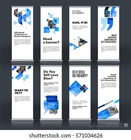 Mega set. Abstract business vector set of modern roll Up Banner stand design template with blue rectangles, triangles for exhibition, fair, show, exposition, expo, presentation, events.