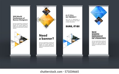 Mega set. Abstract business vector set of modern roll Up Banner stand design template with blue rectangles, triangles for exhibition, fair, show, exposition, expo, presentation, events.