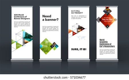 Mega set. Abstract business vector set of modern roll Up Banner stand design template with eco rectangles, triangles for exhibition, fair, show, exposition, expo, presentation, events.