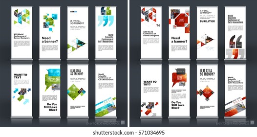 Mega set. Abstract business vector set of modern roll Up Banner stand design template with green rectangles, triangles for exhibition, fair, show, exposition, expo, presentation, events.