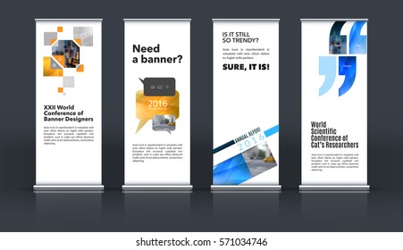 Mega set. Abstract business vector set of modern roll Up Banner stand design template with yellow rectangles, triangles for exhibition, fair, show, exposition, expo, presentation, events.