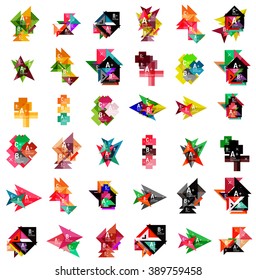 Mega conjunto de banners abstractos de la opción de la web geométrica. Triángulos, cuadrados, rectángulos y otras formas - botones con texto. Ilustración del vector