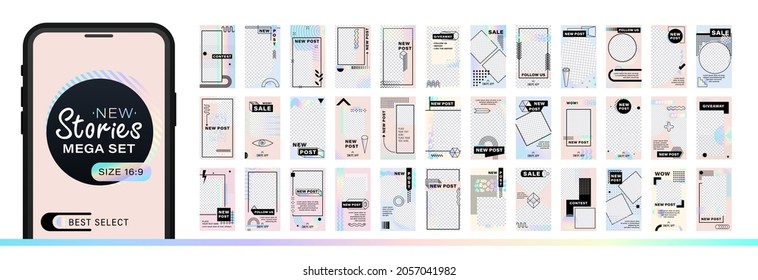 Mega conjunto de diseño abstracto de moda para historias con efecto dispersión.  Plantilla editable para historias de redes sociales. Para crear historias de moda, ventas, afiches, nuevos posts en memphis y estilo hipster