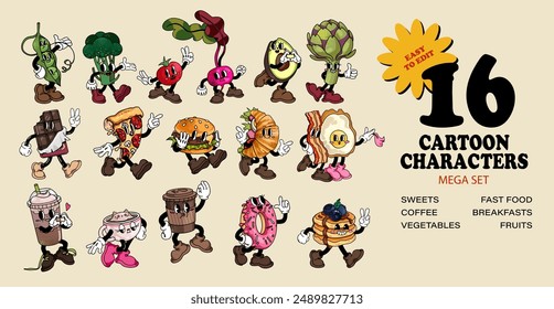 Mega set of anthropomorphic cartoon food characters in retro style. Gloved sweets, coffee, vegetables, fast food and breakfast mascots in boots. 