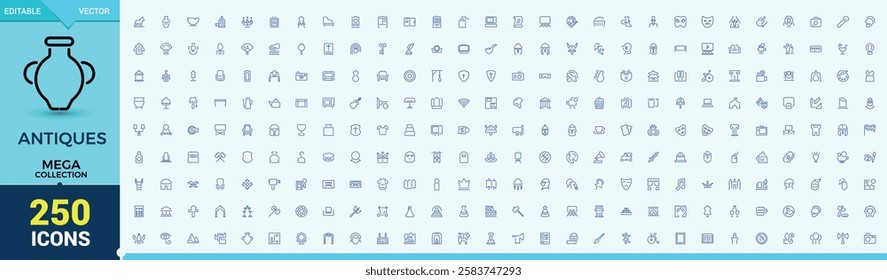 Mega set of Antiques line icons. It contains symbols to fossil, history, antique, vintage, culture, old and more. Outline symbol collection. Vector illustration.