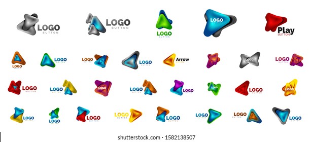 Mega conjunto de plantillas de logotipo de flecha. O reproducir o descargar los logotipos de los botones. Diseños geométricos mínimos, símbolos geométricos 3d en negrita en estilo de relieve con efecto de pasos de mezcla de colores. Ilustraciones vectoriales para