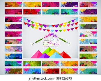 Mega Set of Beautiful Indian festival Colorful Happy Holi celebrations with colors splash on grungy banner or header Design vector illustration design and abstract background...