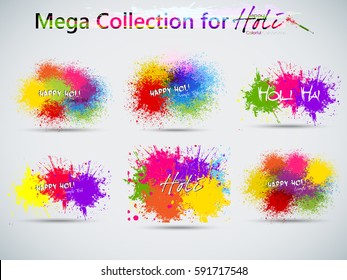 Mega Set of Beautiful Indian festival Colorful Happy Holi celebrations with colors splash on grungy banner or header Design vector illustration design and abstract background...