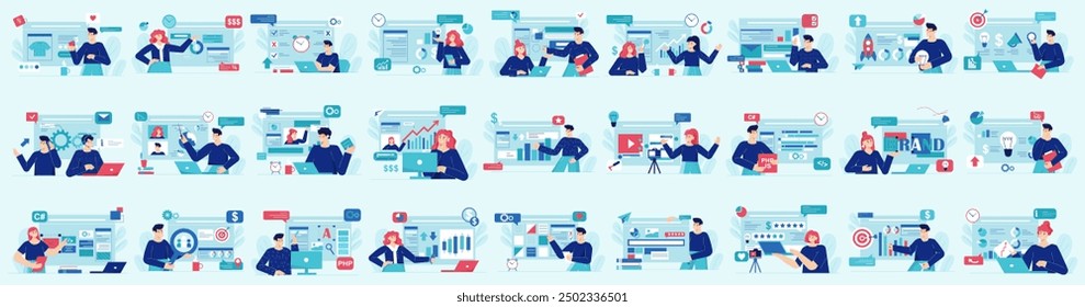 Mega set of blue color concepts with people scene in flat cartoon design. A massive collection of bright illustrations with various life situations on a blue background. Vector illustration.