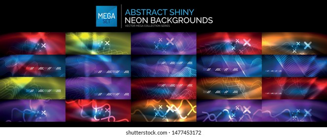 Mega set of blue color neon light abstract backgrounds. Lines, waves, shiny elements on dark black backdrop. Shiny abstraction design template with copyspace