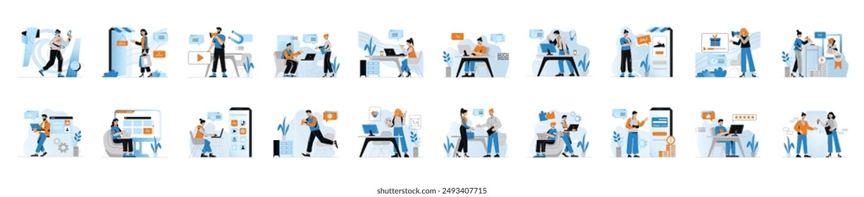 Mega set of blue concepts with people scene in flat cartoon design. The themes of the illustrations depicted in this collection cover various aspects of everyday life. Vector illustration.