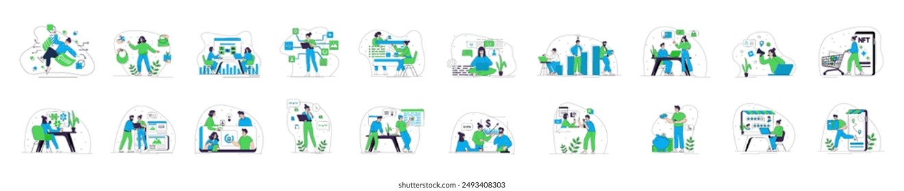 Mega set of blue and green concepts with people scene in flat cartoon design. A big collection of scenes with men and women in various situations. Vector illustration.