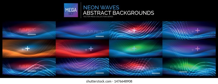 Mega conjunto de fondo de neón azul brillante. Resumen de plantillas brillantes con efectos de luces. Vitrales de vidrio mágico vectorial universal