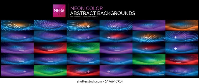 Mega conjunto de fondo de neón azul brillante. Resumen de plantillas brillantes con efectos de luces. Vitrales de vidrio mágico vectorial universal