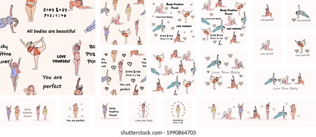 Mega set of body positive. Body positive concept. Illustrations for seamless pattern, postcard, poster, banner, print, textiles. Happy plus size girls doing yoga, fitness