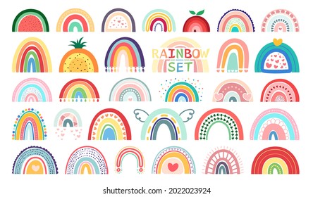 Mega set Boho rainbows isolated on white background. In cute delicate pastel colors. Hand drawing style for posters, prints, cards, fabric, textile, children's books and decorating baby clothes.