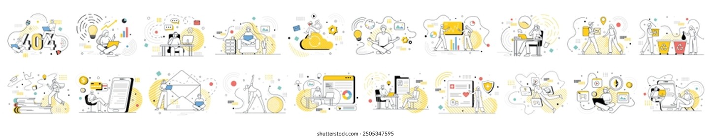 Mega set of bright linear concepts with people scene in flat cartoon design. This collection depicts impressive scenes with yellow accents showing men and women. Vector illustration.