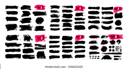 Mega set of brush strokes. Paintbrush, grunge design elements. Rectangle text boxes. Round speech bubbles Thin dirty distress texture banners. Grunge painted badges. Ink splatters. Vector illustration