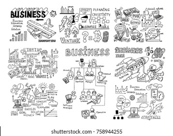 MEGA set of Business doodles icons: computer, media, social network, web, communication, mobile; Graph, diagram, approximation, statistics; team, idea, plan, goods. Vector hand drawing illustration. - Shutterstock ID 758944255
