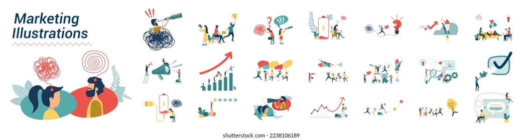 Mega set of Business Marketing illustrations. Collection of scenes with men and women taking part in business activities. Trendy vector style.