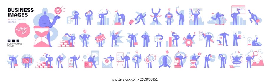 Mega set with business scenes. Business Concept illustrations. Collection of characters taking part in business activities. Vector illustration in modern flat style