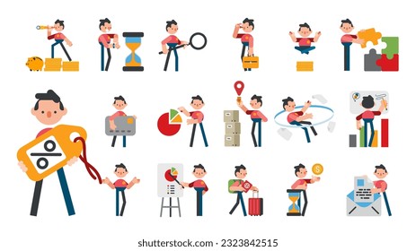 Mega set with business scenes. Business Concept illustrations. Collection of characters taking part in business activities. Vector illustration in modern flat style