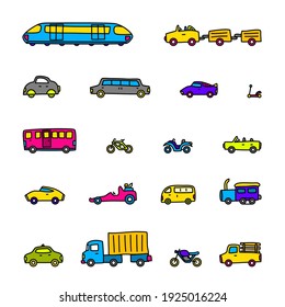 Mega set of cars, vehicles, and other transports. Vector illustration. Funny cartoon style for kids.