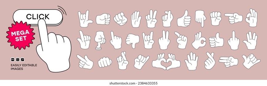 Mega set of Cartoon comic hands gestures with different signs and symbols. Gesturing human arms in doodle style. Hands poses. Vector illustration