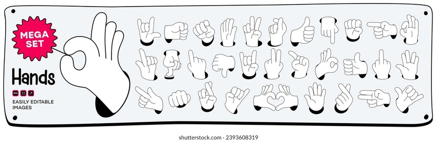 Mega set of Cartoon comic hands gestures with different signs and symbols. Gesturing human arms in doodle style. Hands poses. Vector illustration