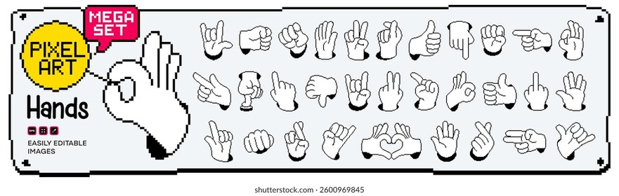 Mega set of Cartoon comic hands gestures with different signs and symbols. Gesturing human arms in pixel art style. Pixelated Hands poses. Vector illustration