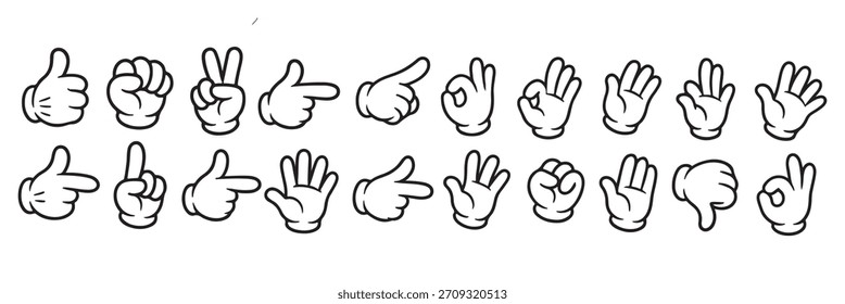 Mega set of Cartoon comic hands gestures with different signs and symbols. Gesturing human arms in doodle style. Hands poses. Vector illustration