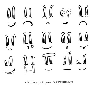 Mega set Cartoon funny faces. Emotional face, old style funny eyes and mouth, different facial expression. Hand drawn ink emoji faces.