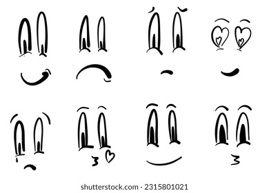 Mega set Cartoon funny faces. Emotional face, old style funny eyes and mouth, different facial expression. Hand drawn ink emoji faces.