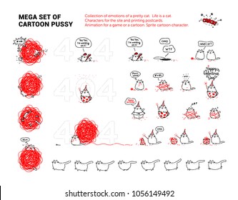 Mega set of cartoon pussy. Collection of emotions of a pretty cat. Characters for the site and printing postcards. Life is a cat. Company character.