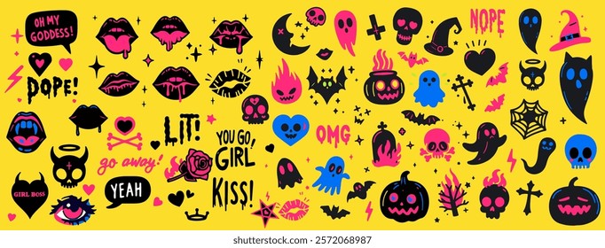Mega set of cartoon stickers with funny comic illustration of lips, skulls, eyes and other cute doodles. Contemporary tattoos and patches collection.
