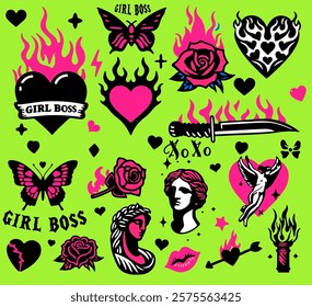 Mega set of cartoon stickers with funny comic illustration of hearts and knives in cute girlish style. Contemporary tattoos and patches collection doodles.