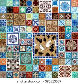 Mega set of ceramic tiles with ethnic motifs, bohoemian elements. Floral motifs, mandalas, zebra prints, geometric ornaments. Moroccan, Tunisian, Spanish style. Green, blue and terracotta palette.