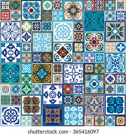 Mega set of ceramic tiles with oriental print. Colorful vintage flooring with Moroccan, Spanish, Portuguese patterns floral and geometric patterns. Gradation of blue, green, brown and beige shadows.