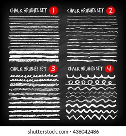 Mega set of chalk brushes. Four chalk board strokes sets in one file. Handmade design elements on chalkboard background. Grunge vector illustration.