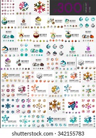Mega set of Christmas Logos. Abstract Christmas tree, snow and ball icon set. Vector illustration, icons and logotypes of winter and New Year