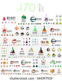 Mega jogo de Logotipos de Natal. Árvore de Natal abstrata, neve e bola ícone set. Ilustração vetorial, ícones e logotipos de inverno e Ano Novo