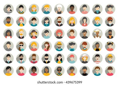 Mega set of circle persons, avatars, people heads  different nationality in flat style. Vector.