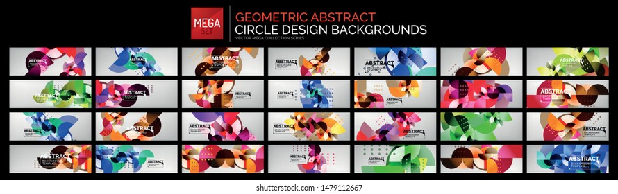 Mega set of circle shape geometric abstract backgrounds. Colorful round shapes compositions on light wallpapers. Modern vector templates