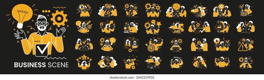Mega set. Collection of different business concept scenes and situations. Human with icons and images. Taking part in business activities, digital marketing, business concept, workflow scenes.