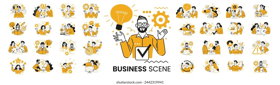 Mega set. Collection of different business concept scenes and situations. Human with icons and images. Taking part in business activities, digital marketing, business concept, workflow scenes.