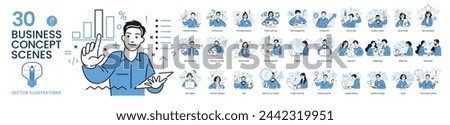 Mega set. Collection of different business concept scenes and situations. Human with icons and images. Taking part in business activities, digital marketing, business concept, workflow scenes.