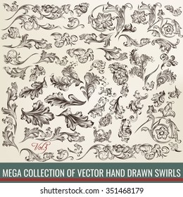 Mega set or collection of hand drawn swirls in engraved vintage style for design