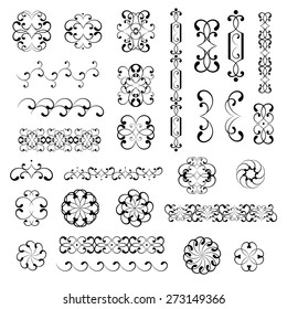 Mega set collections of lacy elements set. Ornamental black designs isolated on white background. Vector illustration. Can use for birthday card, wedding invitations, monogram