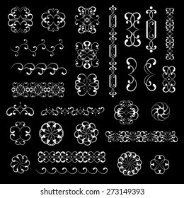 Mega set collections of lacy elements set. Ornamental white designs isolated on black background. Vector illustration. Can use for birthday card, wedding invitations, monogram