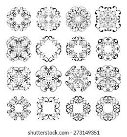 Mega set collections of ornamental  lacy designs. Vintage abstract black elements isolated on white background. Vector illustration. Can use for monogram, logo and badge templates